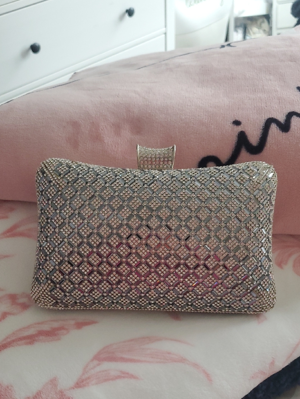 Crystal-Embellished Silver Evening Clutch